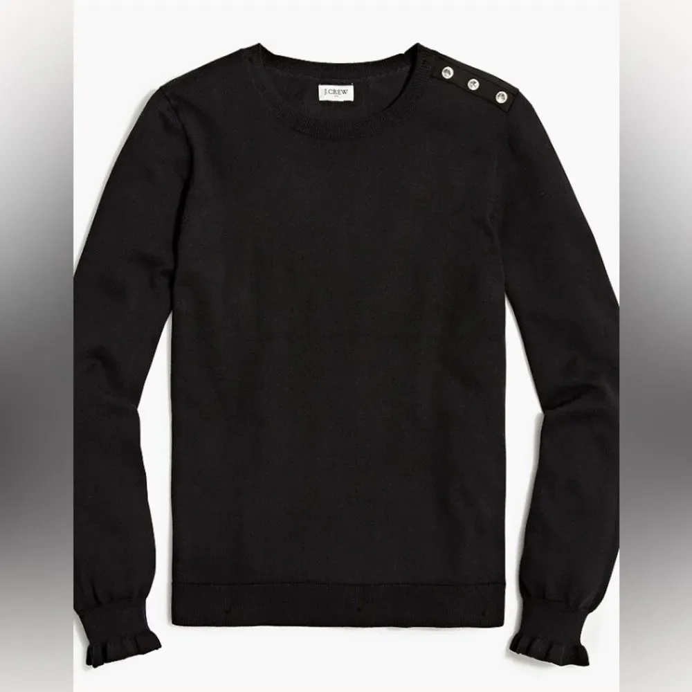 J. Crew Black Cotton Ruffle Rhinestone Sweater Size Large